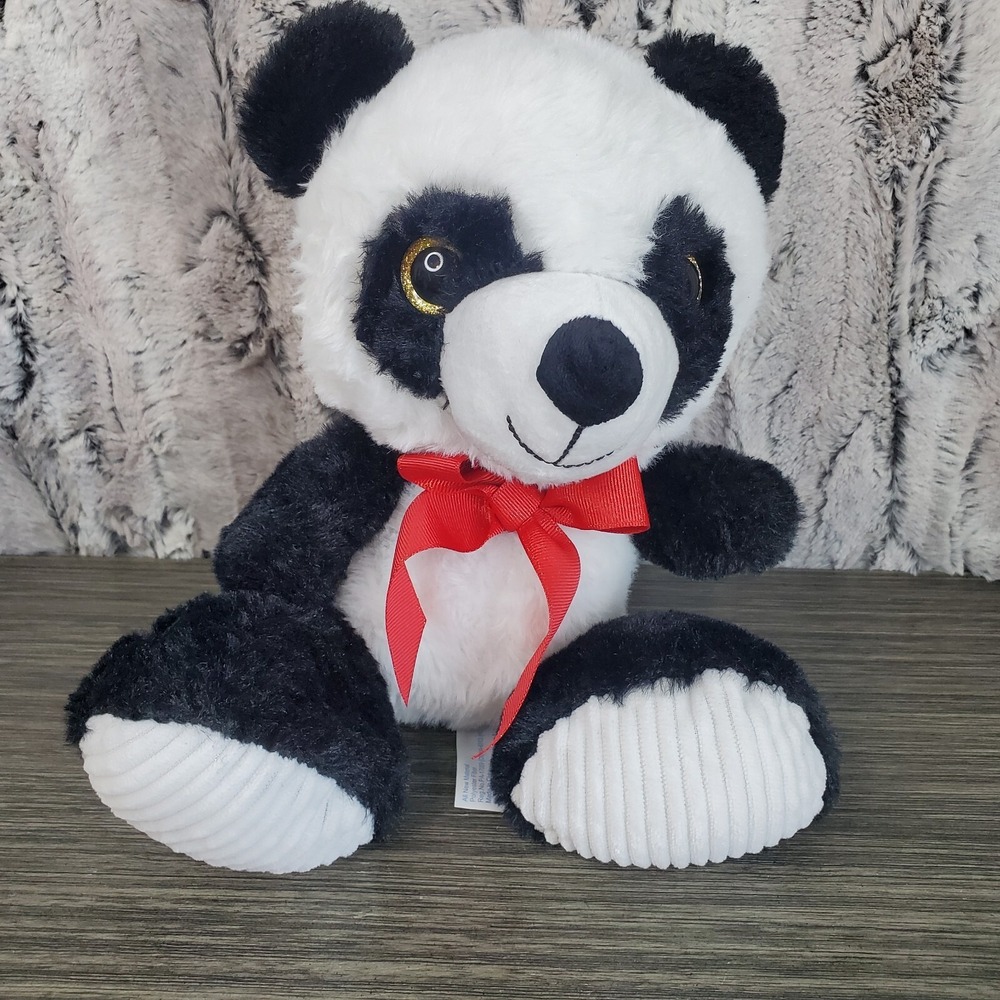 Hug Fun 8" Panda Teddy Bear Gold Sparkle Glitter Eyes Red Bow Ribbed Feet